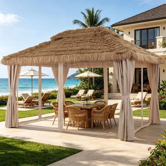 Ainfox 10x13 FT Imitation Straw Patio Gazebo-Heavy Duty Metal Frame Double Tier Ventilated Roof Outdoor Tiki Hut Shade Canopy for Backyard Pool Deck – Consulate X, view 2 of 9