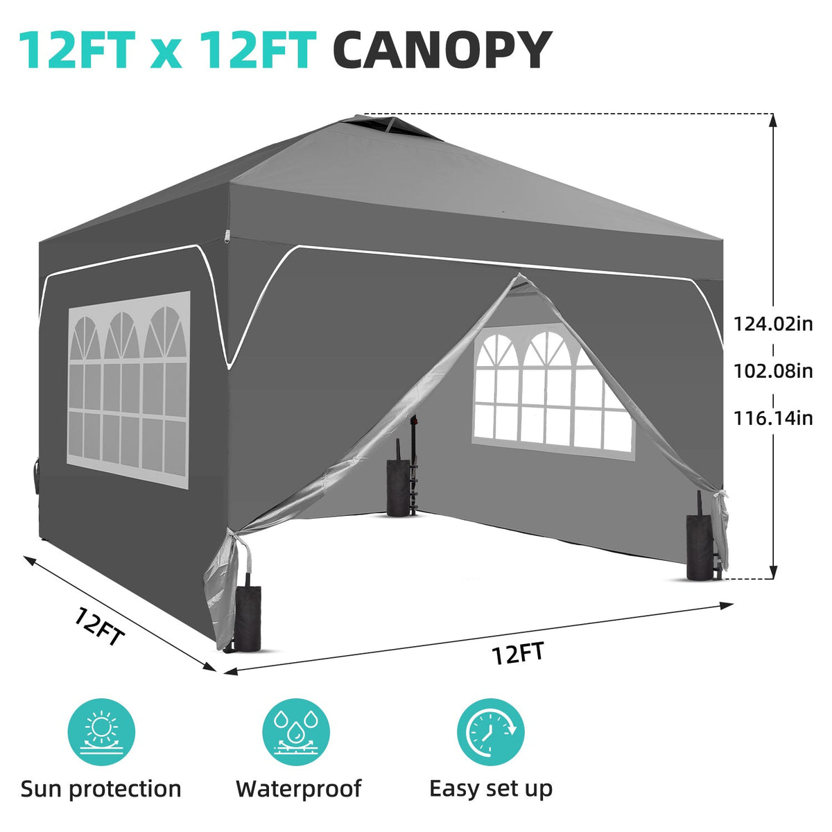Ainfox 12ftx12ft Pop Up Canopy Tent with 4 Sidewalls One Push Tent Canopy with Wheeled Carry Bag, 8 Stakes and 4 Ropes – Consulate X, view 6 of 20