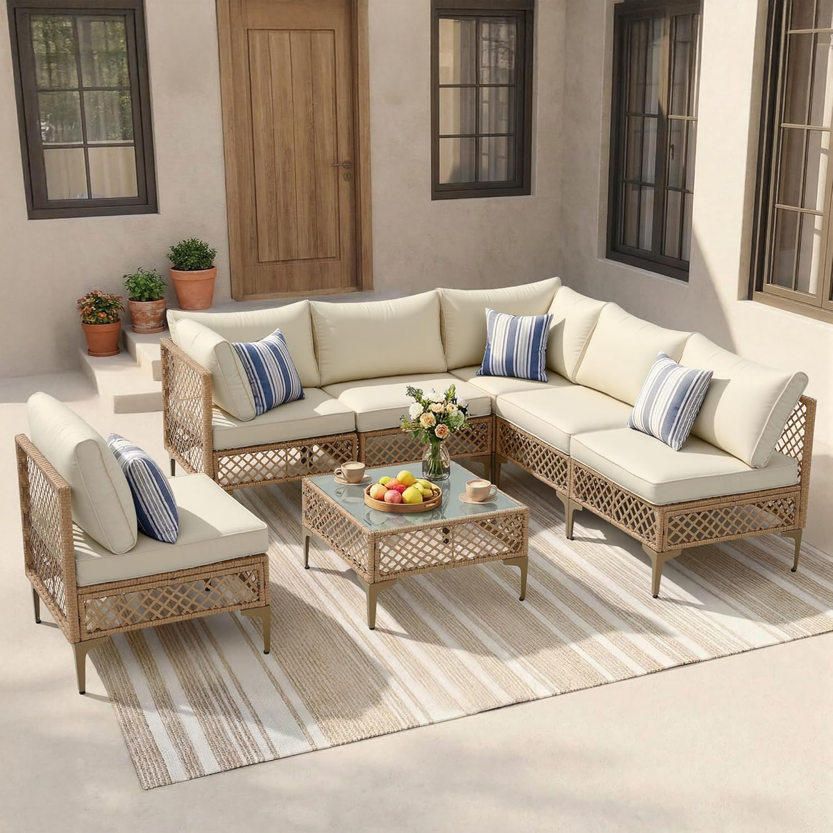 Ainfox 7 Pieces Outdoor Wicker Modular Patio Sectional Set with Thick Cushions & Tempered Glass Table – Consulate X, view 3 of 13