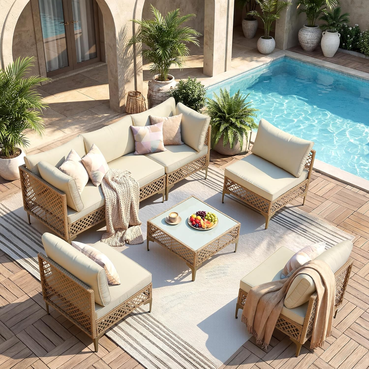 Ainfox 7 Pieces Outdoor Wicker Modular Patio Sectional Set with Thick Cushions & Tempered Glass Table – Consulate X, view 6 of 13