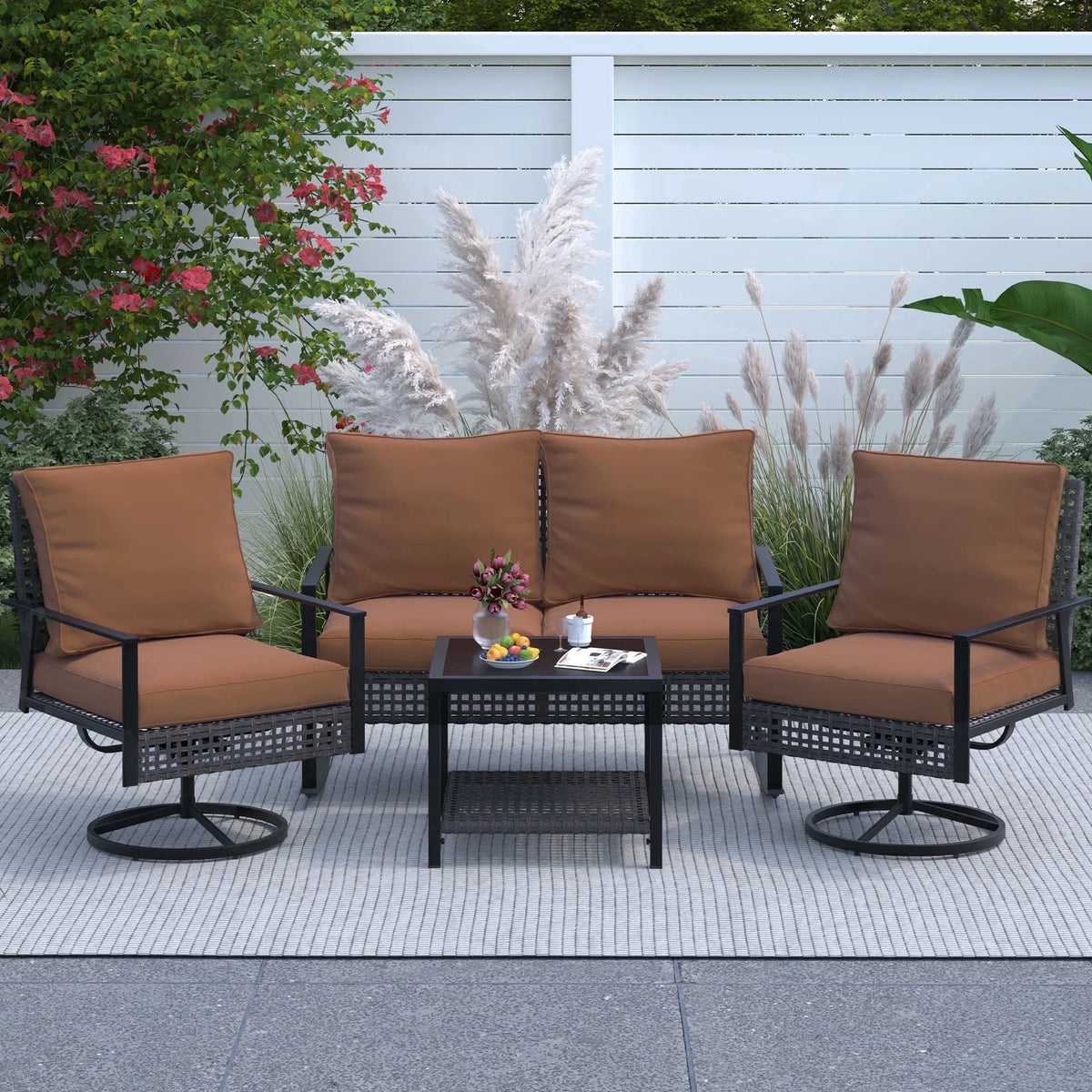Ainfox 4-Piece Outdoor Patio Furniture Sofa Set, Includes 2 Swivel Glider Chairs,1 Tempered Glass-top Coffee Table and 1 Rocking Loveseat – Consulate X, view 9 of 13