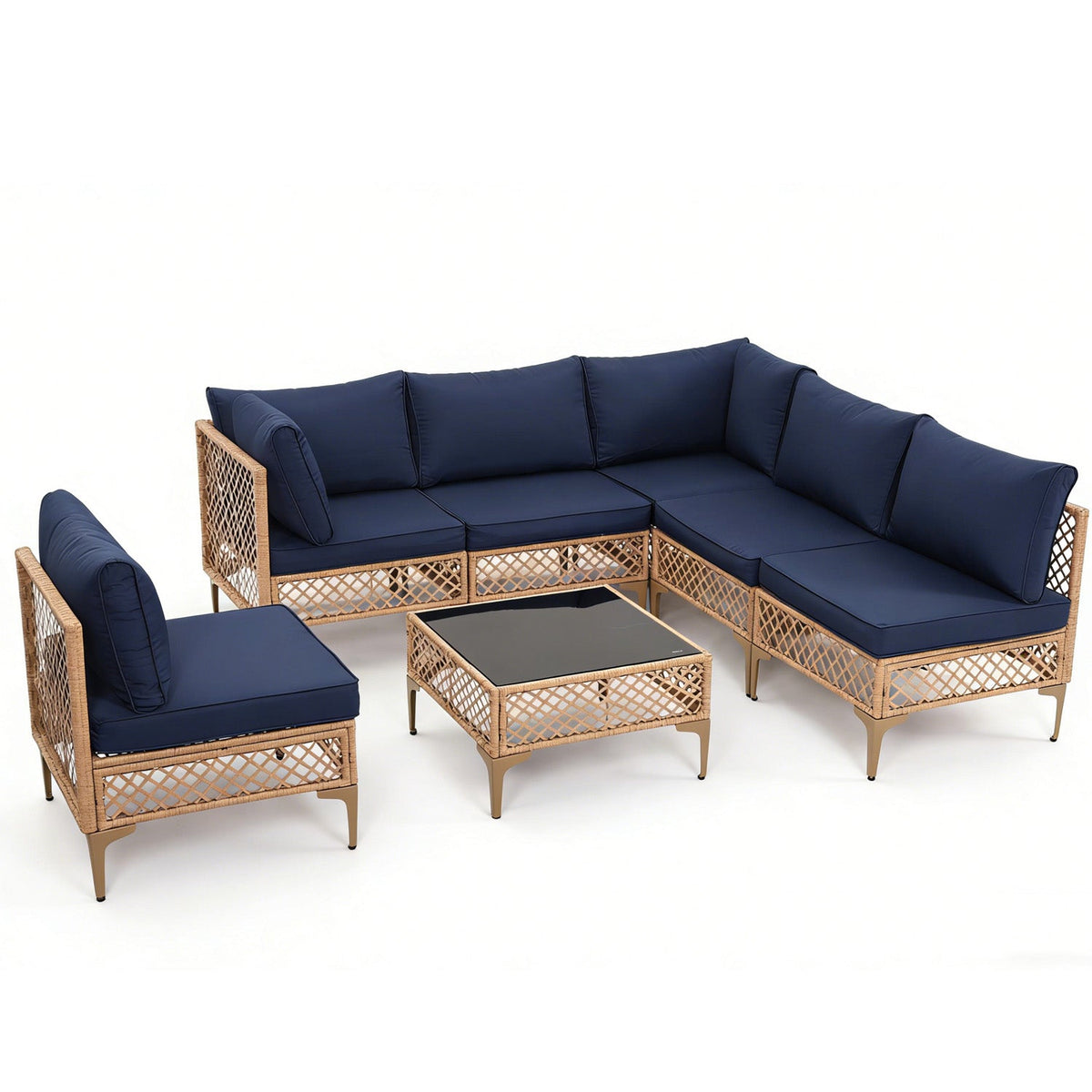 Ainfox 7 Pieces Outdoor Wicker Modular Patio Sectional Set with Thick Cushions & Tempered Glass Table – Consulate X, view 8 of 13