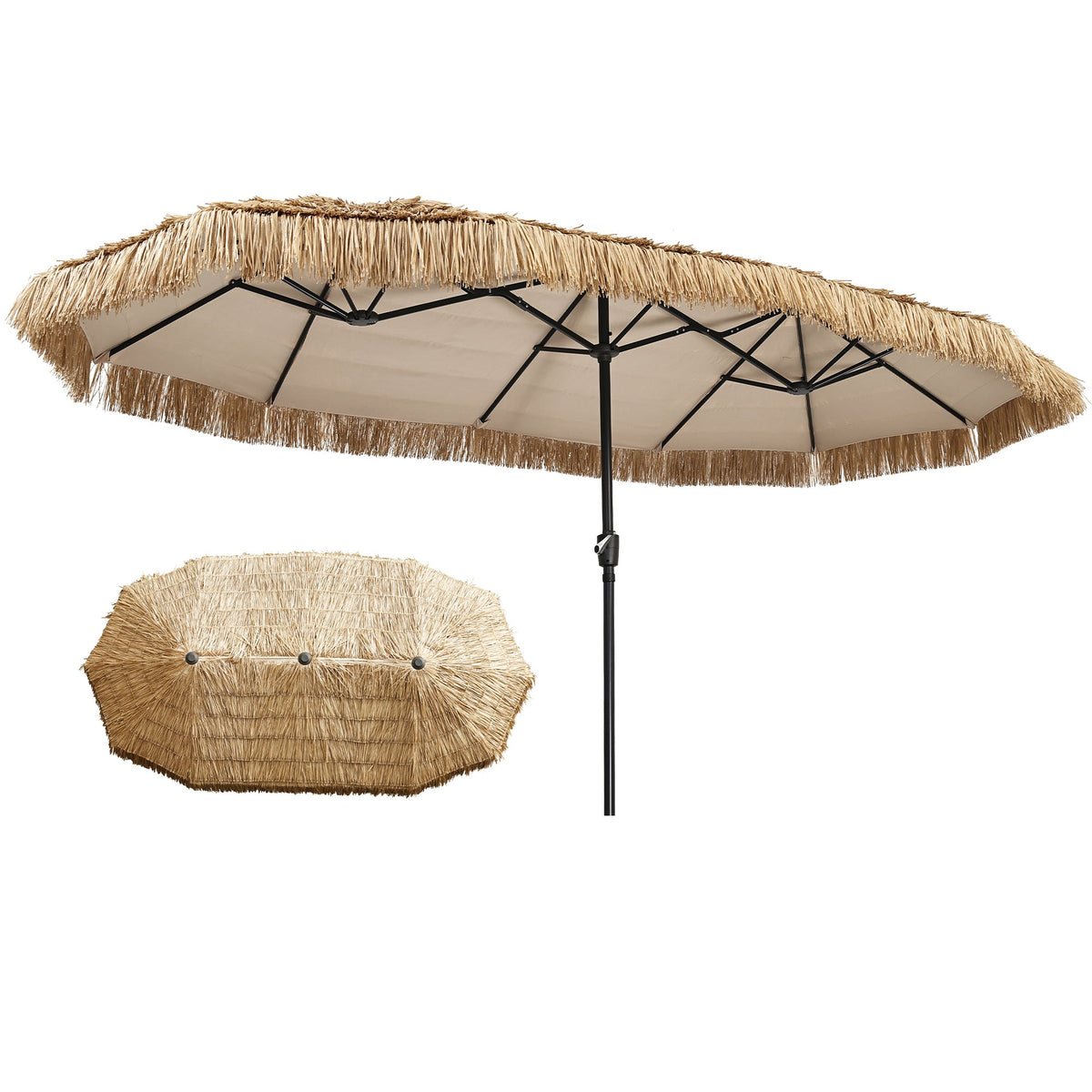 Ainfox 13ft Large Thatched Tiki Patio Umbrella, Outdoor Heavy-Duty Double-Sided Rectangle Market Umbrella for Garden, Deck, Backyard, Pool, Beach – Consulate X, view 10 of 10
