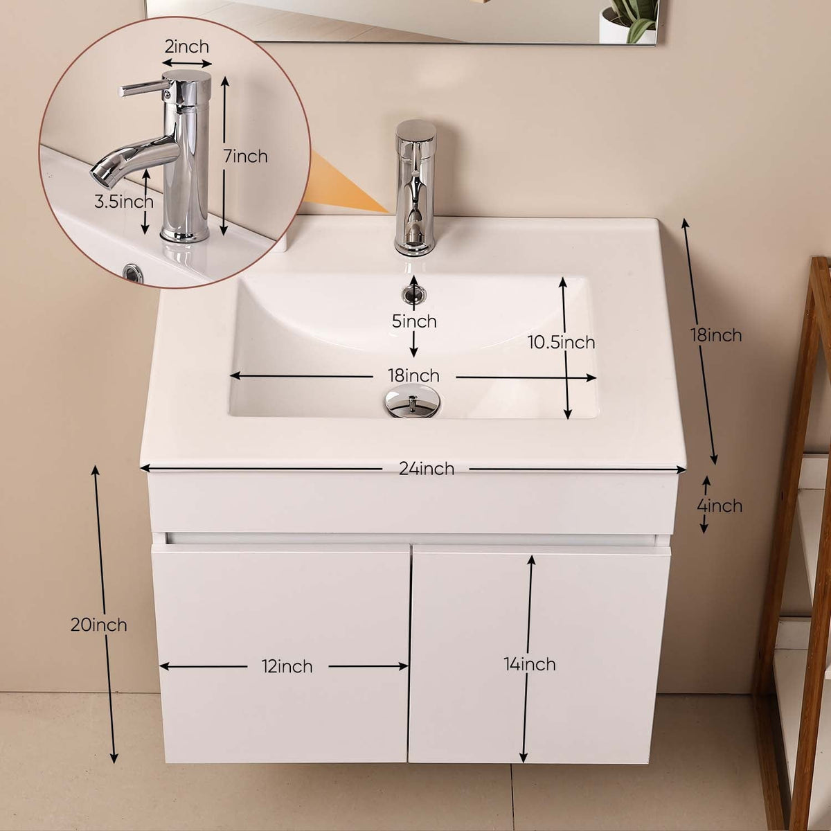 Ainfox Wall Mounted Bathroom Vanity with Ceramic Top and Sink, Storage Cabinet, Faucet Combo Set – Consulate X, view 3 of 10