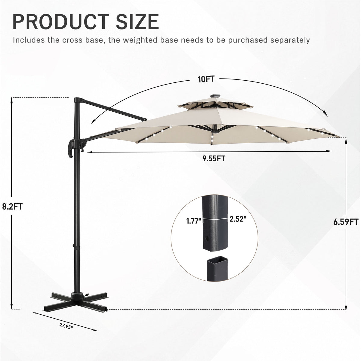Ainfox 10ft Double Top Heavy-Duty Patio Cantilever Umbrella with lights and Cross Base, Outdoor Large Offset Hanging Aluminum Rotation Sun Shade Solar Umbrella with 360°Rotation Adjustable, Beige – Consulate X, view 8 of 8