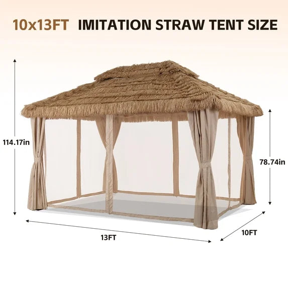 Ainfox 10x13 FT Imitation Straw Patio Gazebo-Heavy Duty Metal Frame Double Tier Ventilated Roof Outdoor Tiki Hut Shade Canopy for Backyard Pool Deck – Consulate X, view 9 of 9