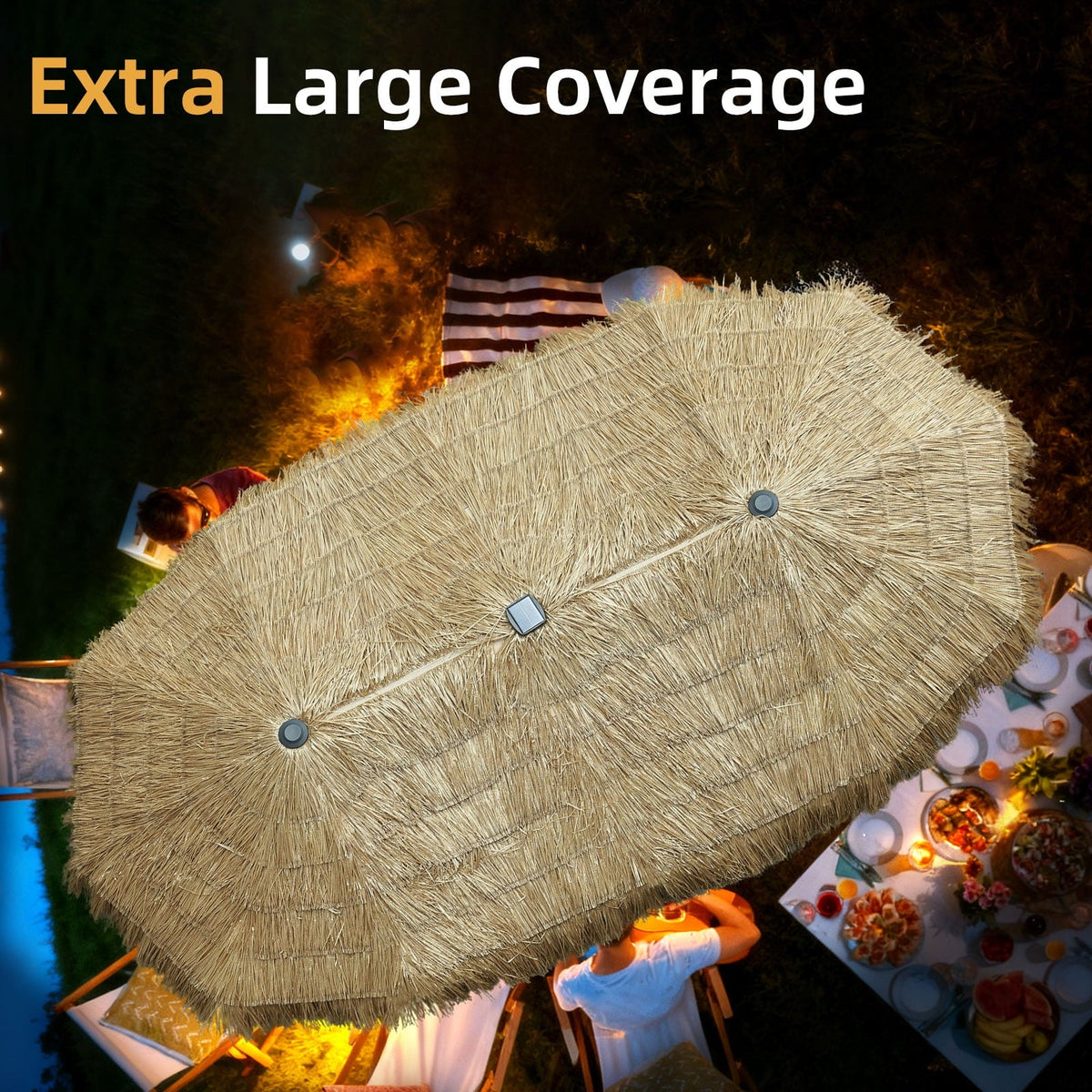 Ainfox 13ft Large Thatched Tiki Patio Umbrella with Solar LED Lights, Outdoor Heavy-Duty Double-Sided Rectangle Market Umbrella for Garden, Deck, Backyard, Pool, Beach – Consulate X, view 5 of 9