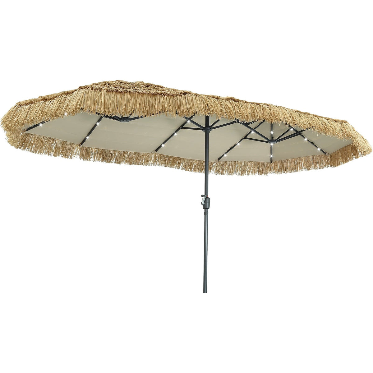 Ainfox 13ft Large Thatched Tiki Patio Umbrella with Solar LED Lights, Outdoor Heavy-Duty Double-Sided Rectangle Market Umbrella for Garden, Deck, Backyard, Pool, Beach – Consulate X, view 7 of 9