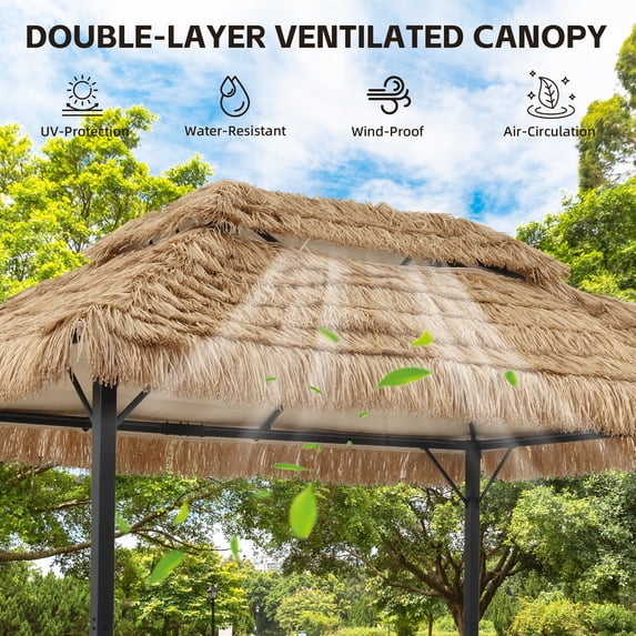 Ainfox 10x13 FT Imitation Straw Patio Gazebo-Heavy Duty Metal Frame Double Tier Ventilated Roof Outdoor Tiki Hut Shade Canopy for Backyard Pool Deck – Consulate X, view 4 of 9