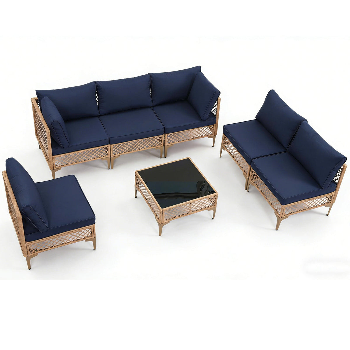Ainfox 7 Pieces Outdoor Wicker Modular Patio Sectional Set with Thick Cushions & Tempered Glass Table – Consulate X, view 1 of 13