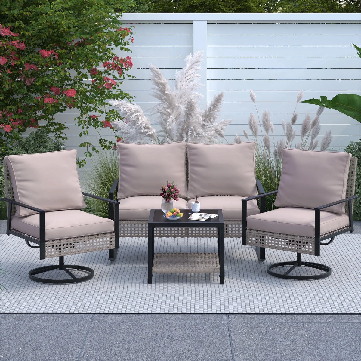 Ainfox 4-Piece Outdoor Patio Furniture Sofa Set, Includes 2 Swivel Glider Chairs,1 Tempered Glass-top Coffee Table and 1 Rocking Loveseat – Consulate X, view 11 of 13
