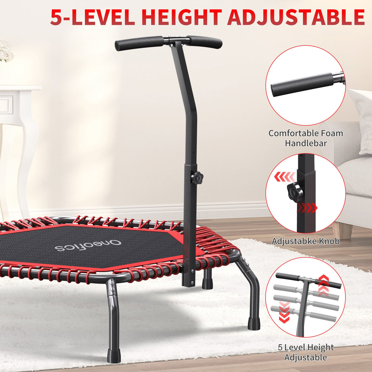 Oneofics 48”Trampoline, Foldable Fitness trampoline for Adults and Kids, Exercise Workout Rebounder Trampoline with Adjustable Handle, Max Load 550lbs – Consulate X, view 2 of 5