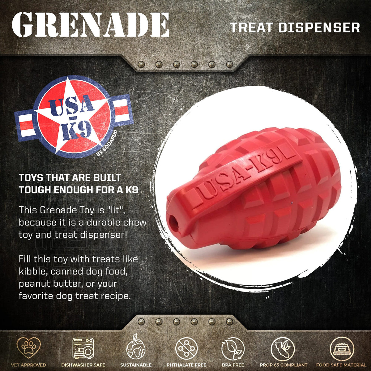 USA-K9 Grenade Shaped eDispenser Durable Dog Chew Toy & Treat Dispenser - Army Green – Consulate X, view 3 of 10