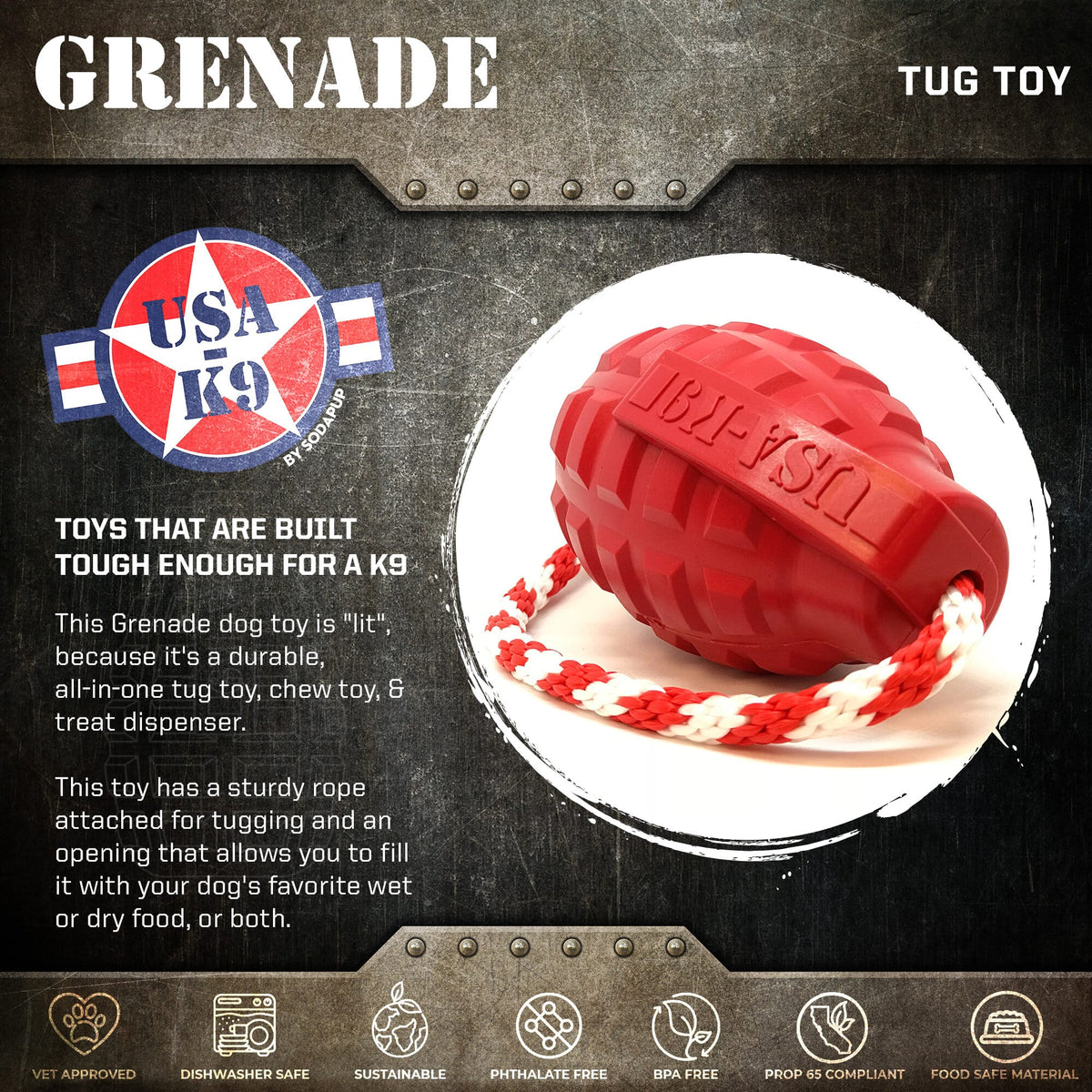 USA-K9 Grenade Shaped Rubber Dog Toy - Chew, Treat Dispenser & Tug Toy | USA – Consulate X, view 3 of 9
