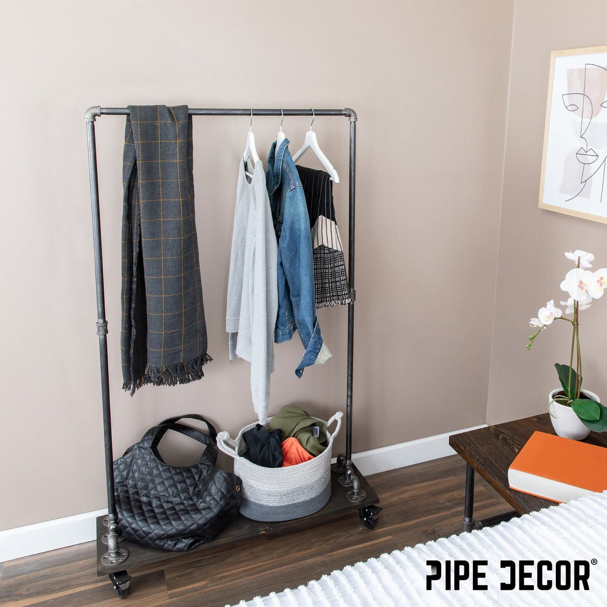 59 ½ in. Rolling Single Rod Clothing Rack with Wood Shelf, Boulder Black – Consulate X, view 3 of 9