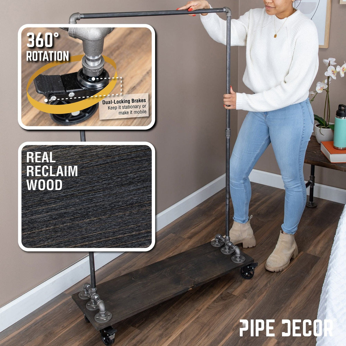 59 ½ in. Rolling Single Rod Clothing Rack with Wood Shelf, Boulder Black – Consulate X, view 4 of 9