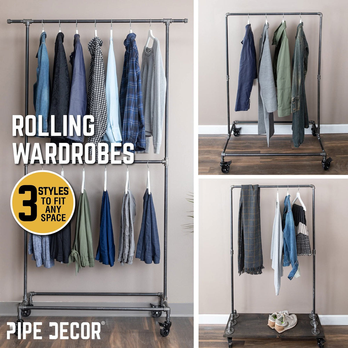 59 ½ in. Rolling Single Rod Clothing Rack with Wood Shelf, Boulder Black – Consulate X, view 8 of 9