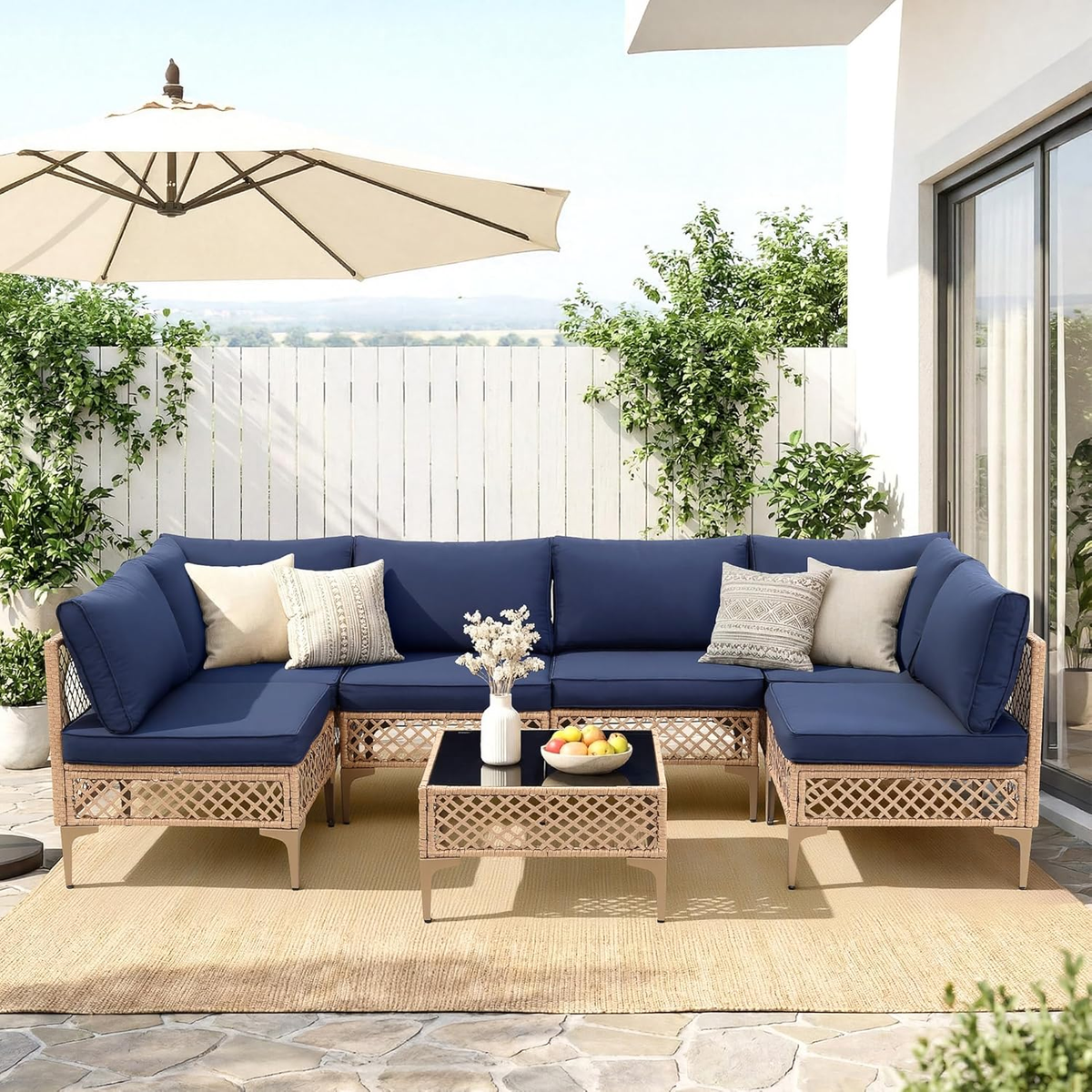 Ainfox 7 Pieces Outdoor Wicker Modular Patio Sectional Set with Thick Cushions & Tempered Glass Table – Consulate X, view 12 of 13