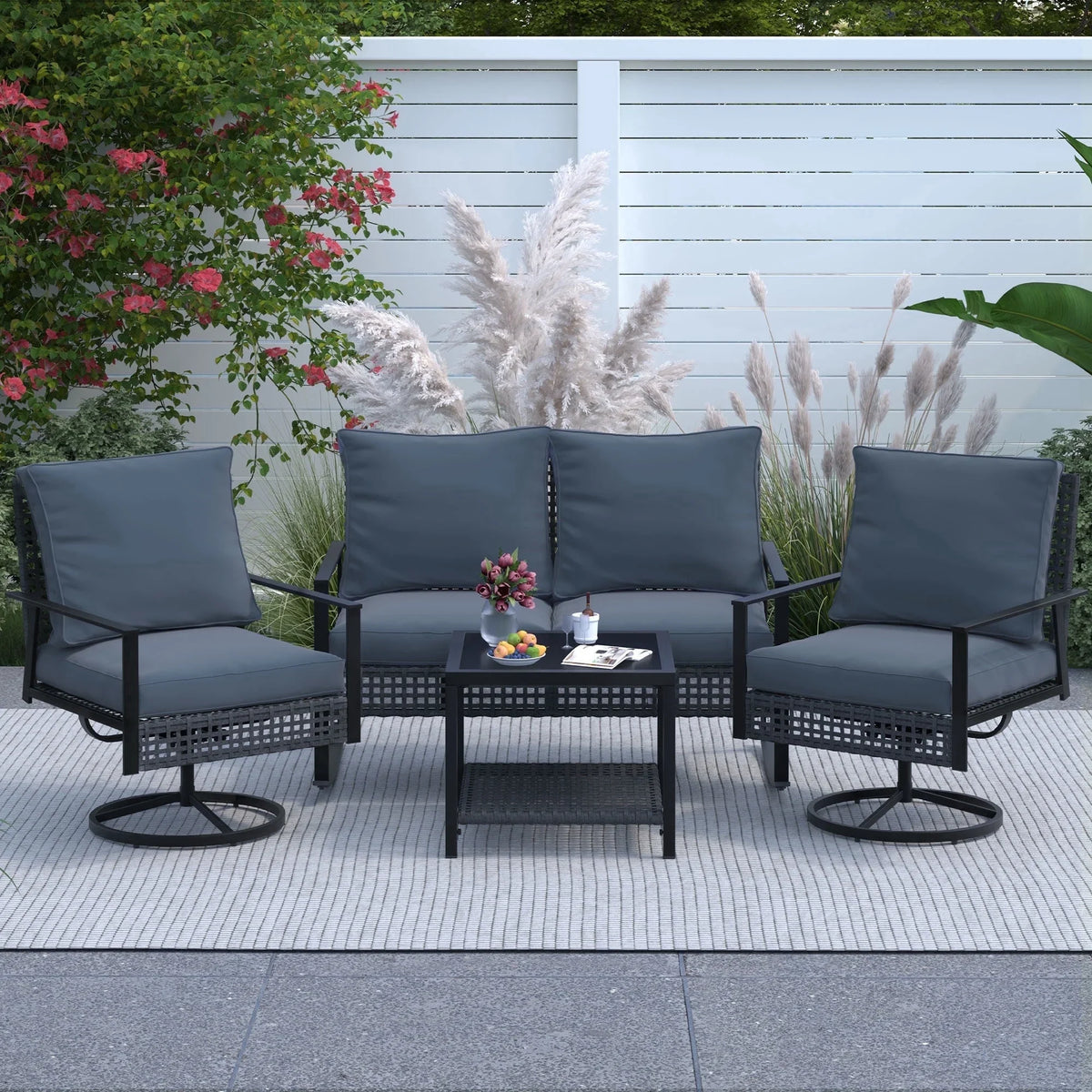 Ainfox 4-Piece Outdoor Patio Furniture Sofa Set, Includes 2 Swivel Glider Chairs,1 Tempered Glass-top Coffee Table and 1 Rocking Loveseat – Consulate X, view 10 of 13