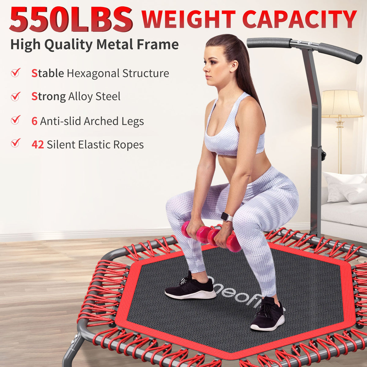 Oneofics 48”Trampoline, Foldable Fitness trampoline for Adults and Kids, Exercise Workout Rebounder Trampoline with Adjustable Handle, Max Load 550lbs – Consulate X, view 4 of 5