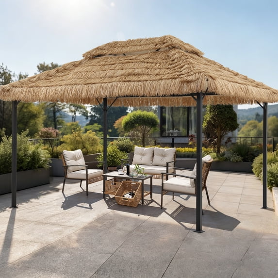 Ainfox 10x13 FT Imitation Straw Patio Gazebo-Heavy Duty Metal Frame Double Tier Ventilated Roof Outdoor Tiki Hut Shade Canopy for Backyard Pool Deck – Consulate X, view 1 of 9
