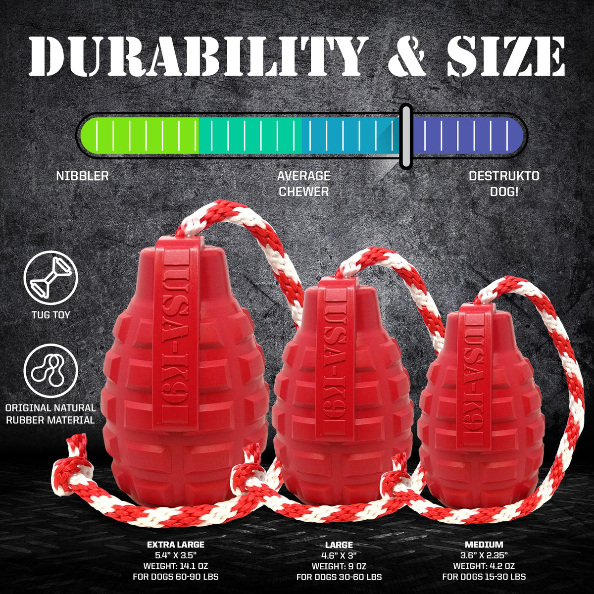 USA-K9 Grenade Shaped Rubber Dog Toy - Chew, Treat Dispenser & Tug Toy | USA – Consulate X, view 5 of 9