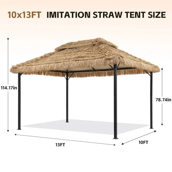 Ainfox 10x13 FT Imitation Straw Patio Gazebo-Heavy Duty Metal Frame Double Tier Ventilated Roof Outdoor Tiki Hut Shade Canopy for Backyard Pool Deck – Consulate X, view 6 of 9