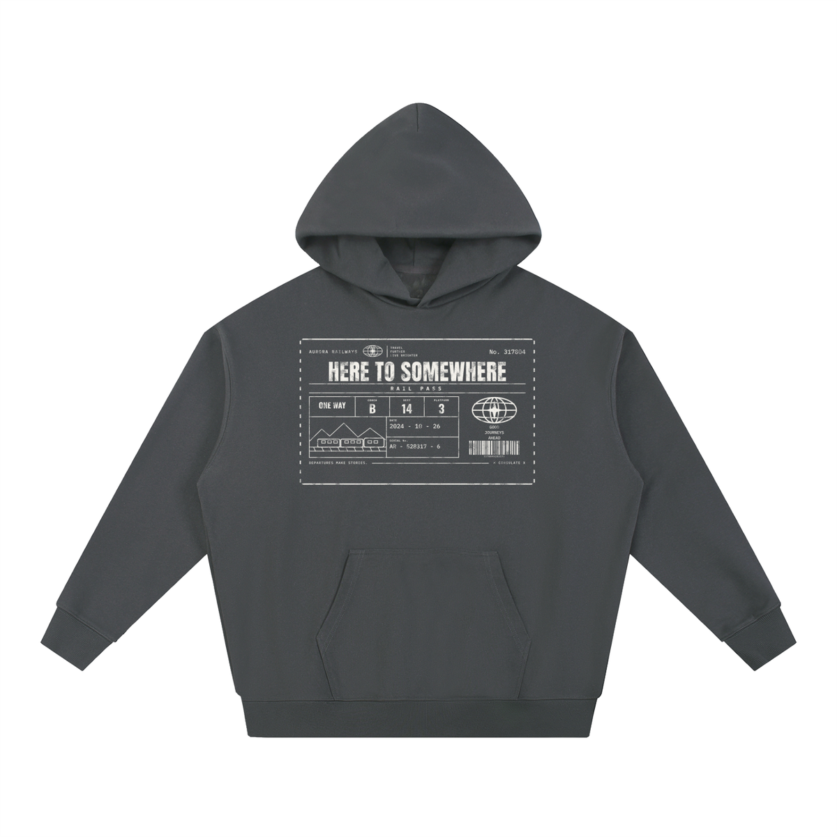 Here to Somewhere Rail Pass Heavyweight Hoodie – Consulate X heavyweight hoodie, view 3 of 4