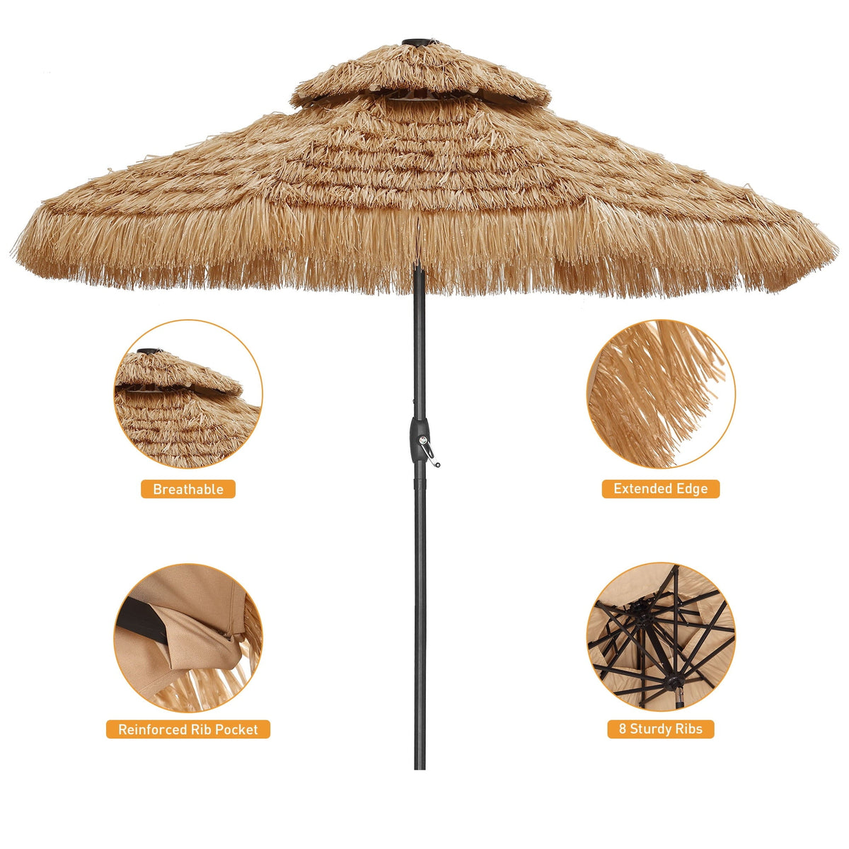 Ainfox 9ft Double Tiers Thatched Tiki Umbrella for Outdoor, Pool, Patio, Beach, Brown – Consulate X, view 5 of 7