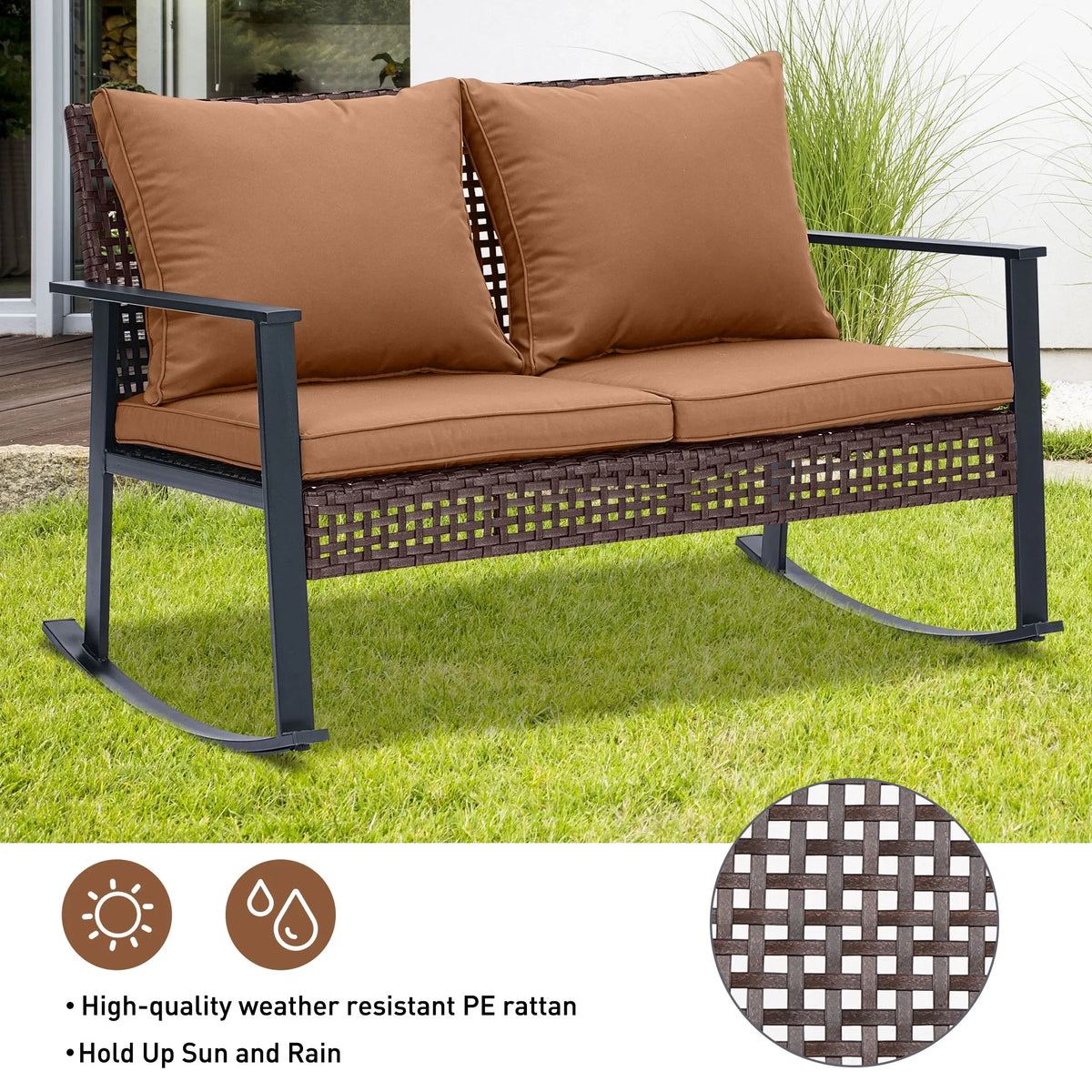 Ainfox 4-Piece Outdoor Patio Furniture Sofa Set, Includes 2 Swivel Glider Chairs,1 Tempered Glass-top Coffee Table and 1 Rocking Loveseat – Consulate X, view 7 of 13