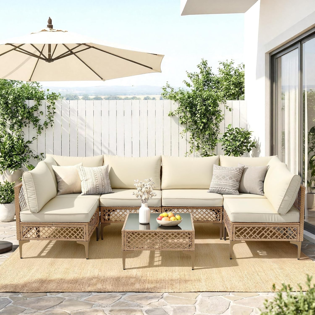 Ainfox 7 Pieces Outdoor Wicker Modular Patio Sectional Set with Thick Cushions & Tempered Glass Table – Consulate X, view 2 of 13