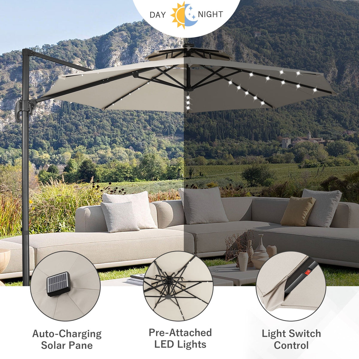 Ainfox 10ft Double Top Heavy-Duty Patio Cantilever Umbrella with lights and Cross Base, Outdoor Large Offset Hanging Aluminum Rotation Sun Shade Solar Umbrella with 360°Rotation Adjustable, Beige – Consulate X, view 7 of 8