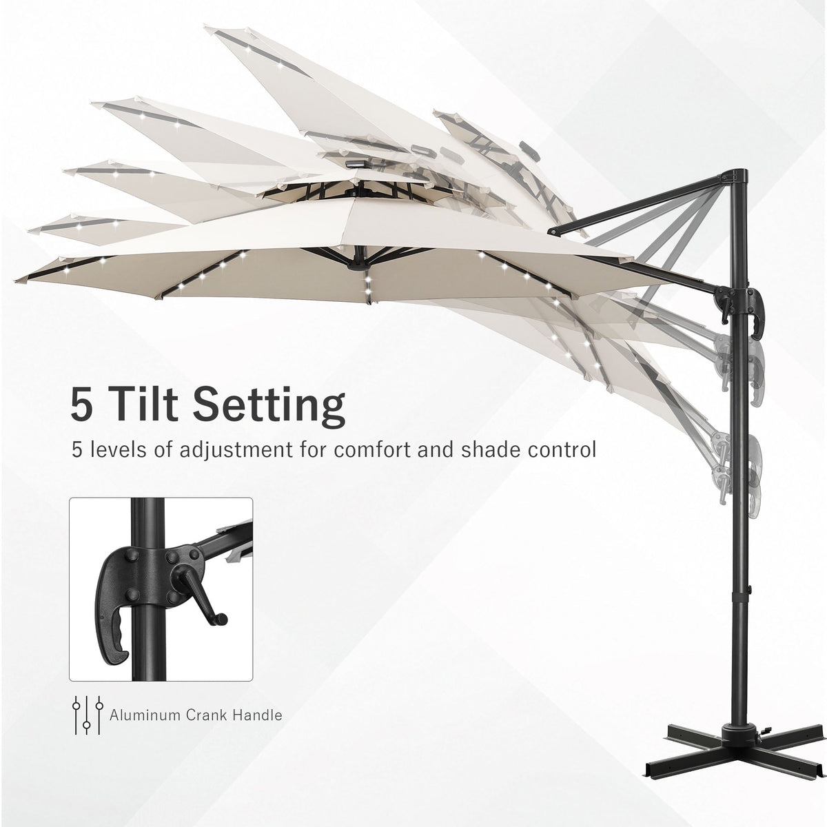 Ainfox 10ft Double Top Heavy-Duty Patio Cantilever Umbrella with lights and Cross Base, Outdoor Large Offset Hanging Aluminum Rotation Sun Shade Solar Umbrella with 360°Rotation Adjustable, Beige – Consulate X, view 3 of 8