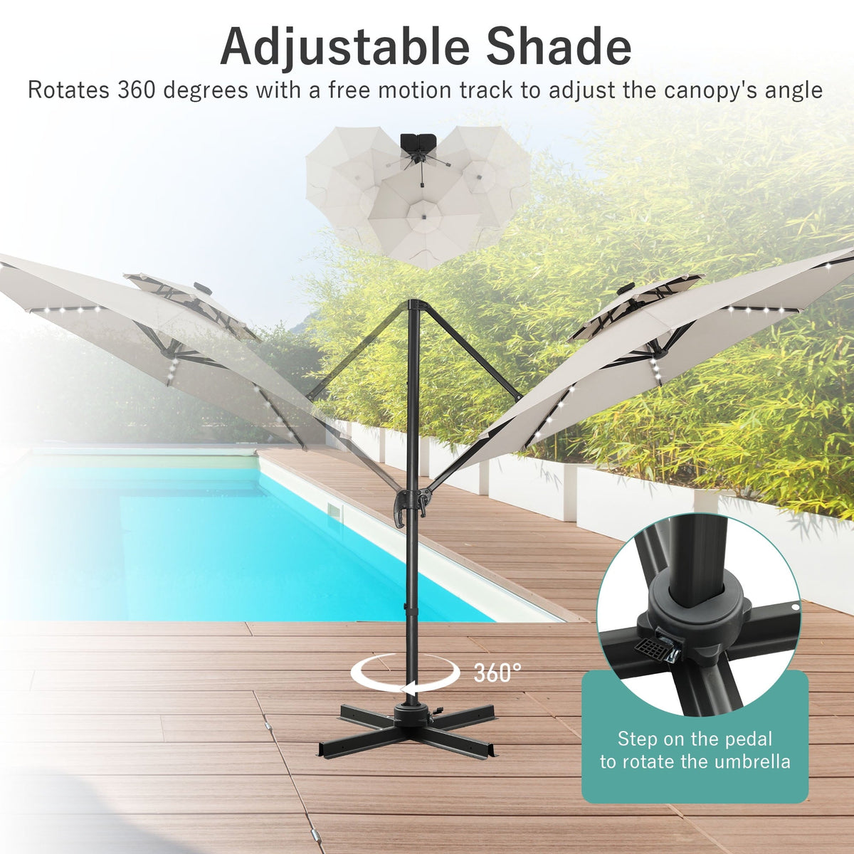 Ainfox 10ft Double Top Heavy-Duty Patio Cantilever Umbrella with lights and Cross Base, Outdoor Large Offset Hanging Aluminum Rotation Sun Shade Solar Umbrella with 360°Rotation Adjustable, Beige – Consulate X, view 2 of 8