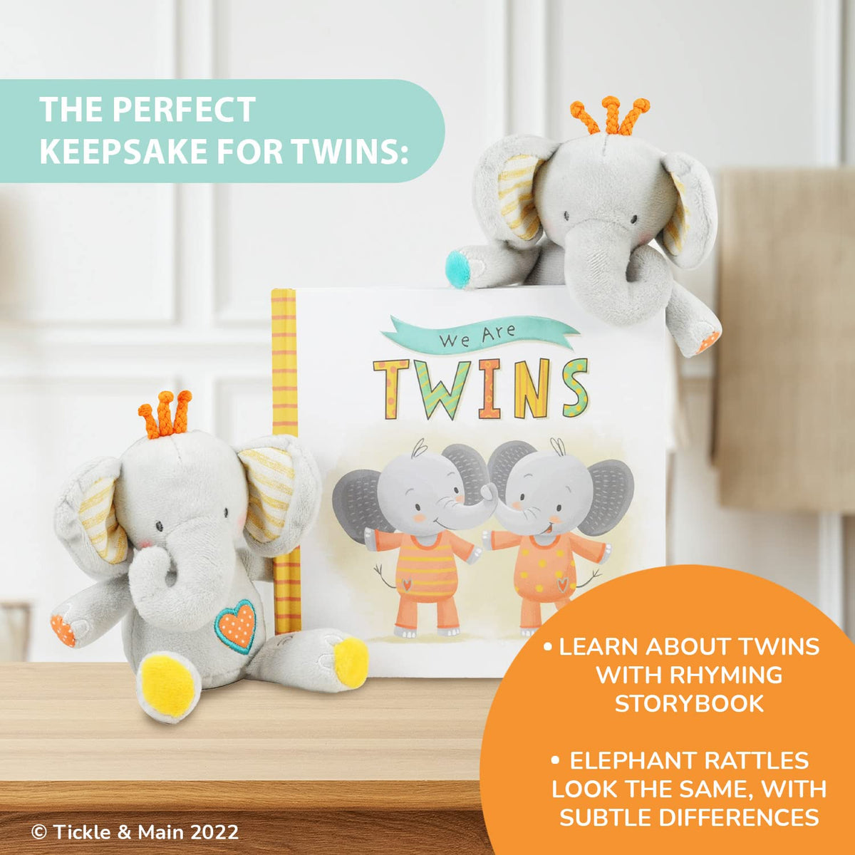 Baby Twins Gift Set - Keepsake Book & 2 Plush Elephant Rattles – Consulate X, view 4 of 6