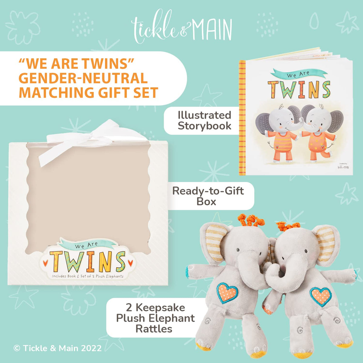 Baby Twins Gift Set - Keepsake Book & 2 Plush Elephant Rattles – Consulate X, view 2 of 6