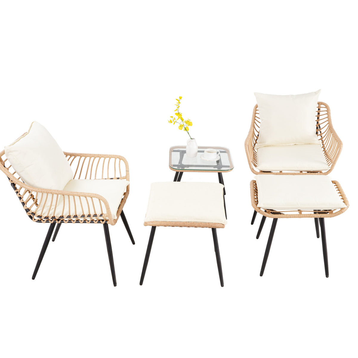 Ainfox 5 Pieces Outdoor Wicker Modular Patio Sectional Set with Thick Cushions & Tempered Glass Table – Consulate X, view 2 of 6