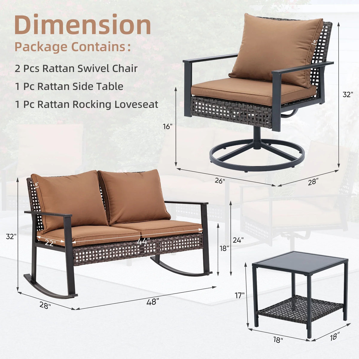 Ainfox 4-Piece Outdoor Patio Furniture Sofa Set, Includes 2 Swivel Glider Chairs,1 Tempered Glass-top Coffee Table and 1 Rocking Loveseat – Consulate X, view 8 of 13