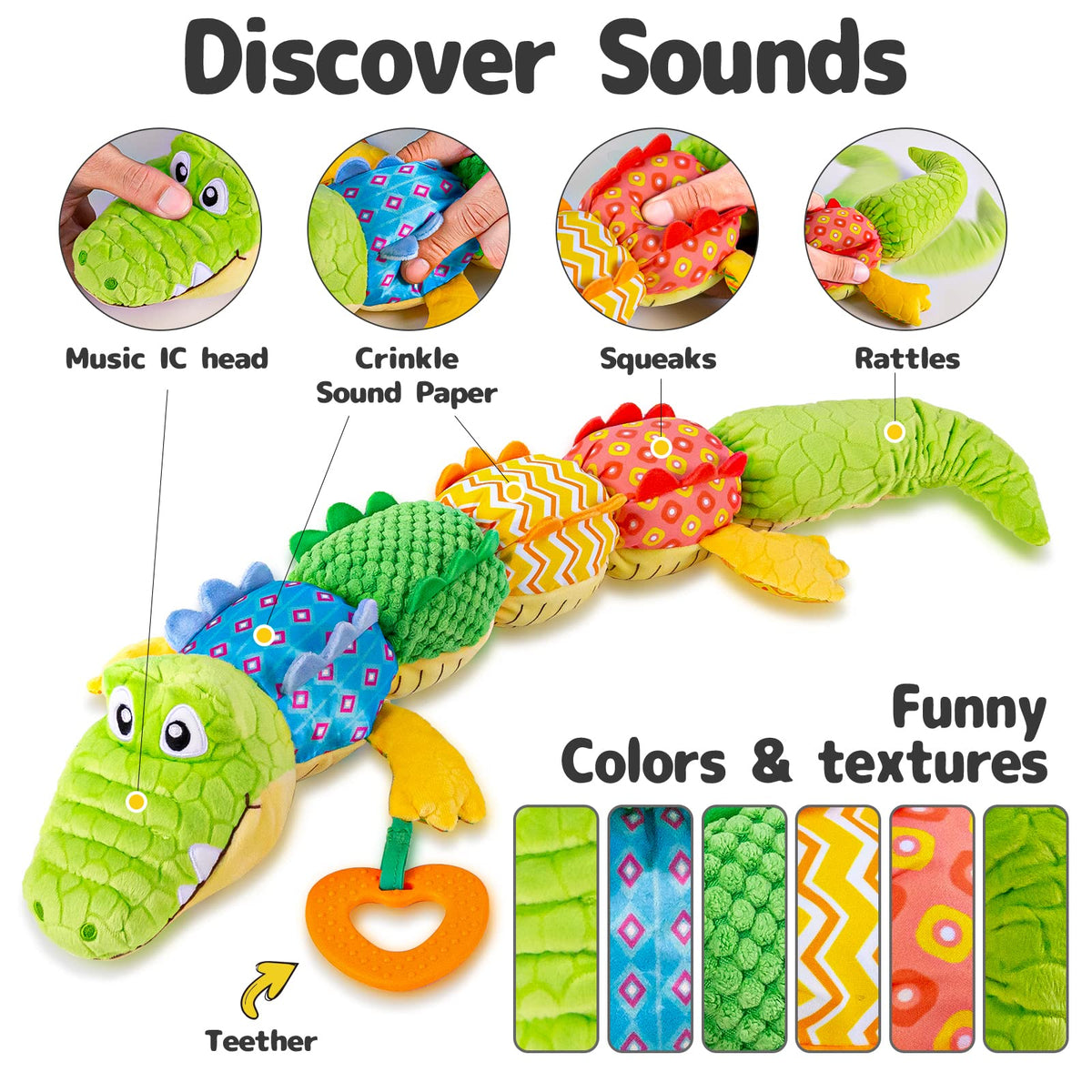 The Cuddle Croc, Musical Stuffed Infant Activity Toy with Teether, Rattle & Crinkles – Consulate X, view 3 of 8