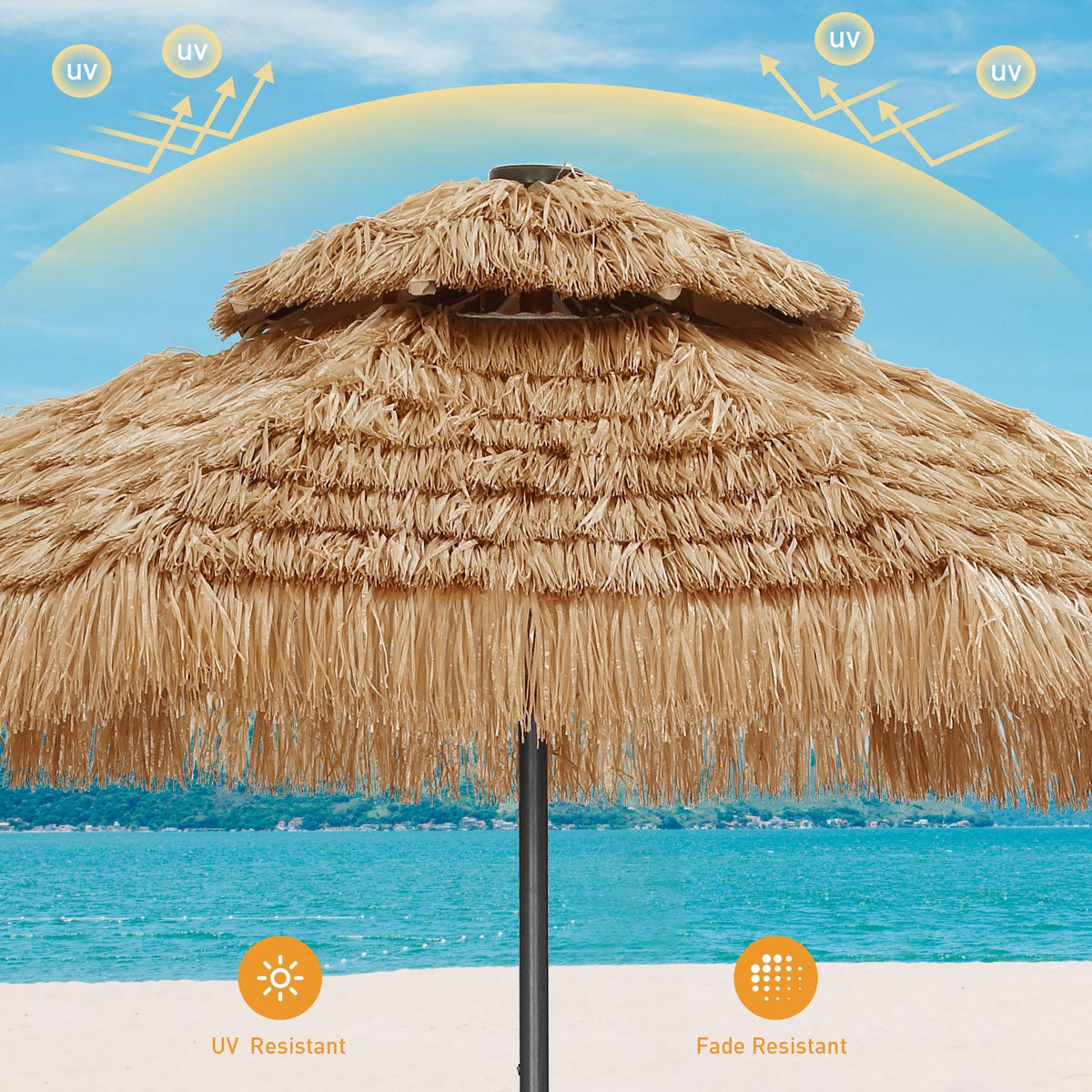 Ainfox 9ft Double Tiers Thatched Tiki Umbrella for Outdoor, Pool, Patio, Beach, Brown – Consulate X, view 3 of 7