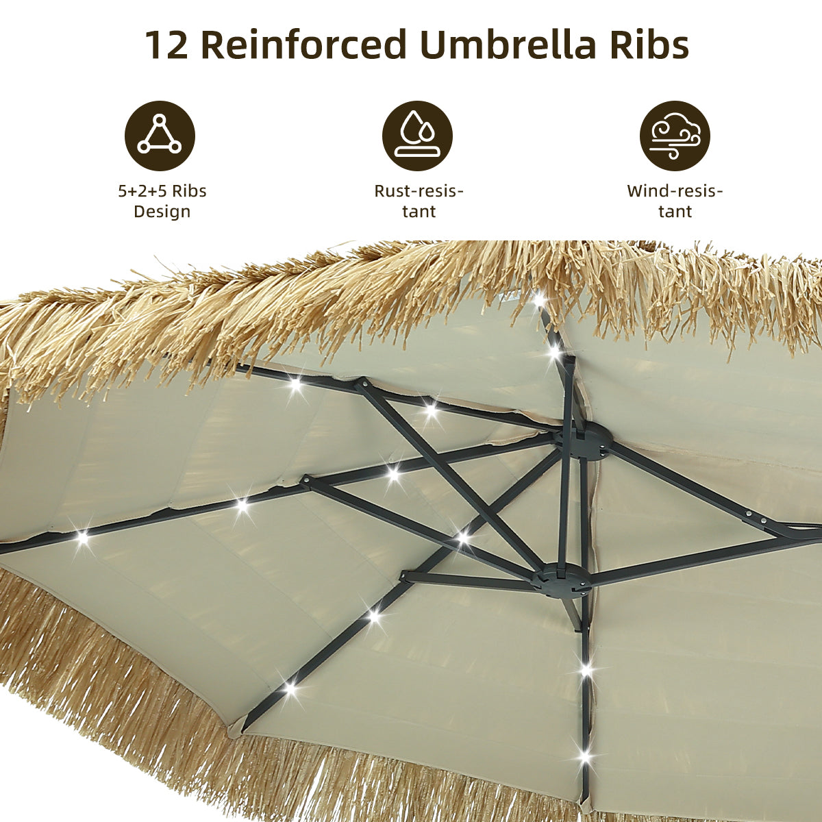 Ainfox 13ft Large Thatched Tiki Patio Umbrella, Outdoor Heavy-Duty Double-Sided Rectangle Market Umbrella for Garden, Deck, Backyard, Pool, Beach – Consulate X, view 3 of 10
