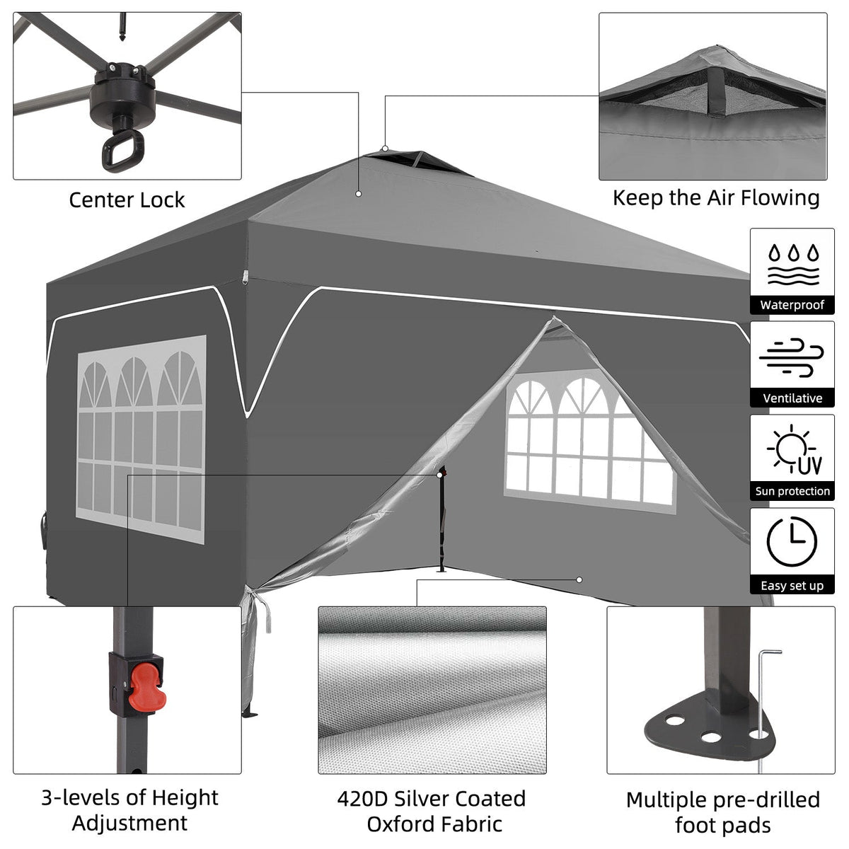 Ainfox 12ftx12ft Pop Up Canopy Tent with 4 Sidewalls One Push Tent Canopy with Wheeled Carry Bag, 8 Stakes and 4 Ropes – Consulate X, view 9 of 20