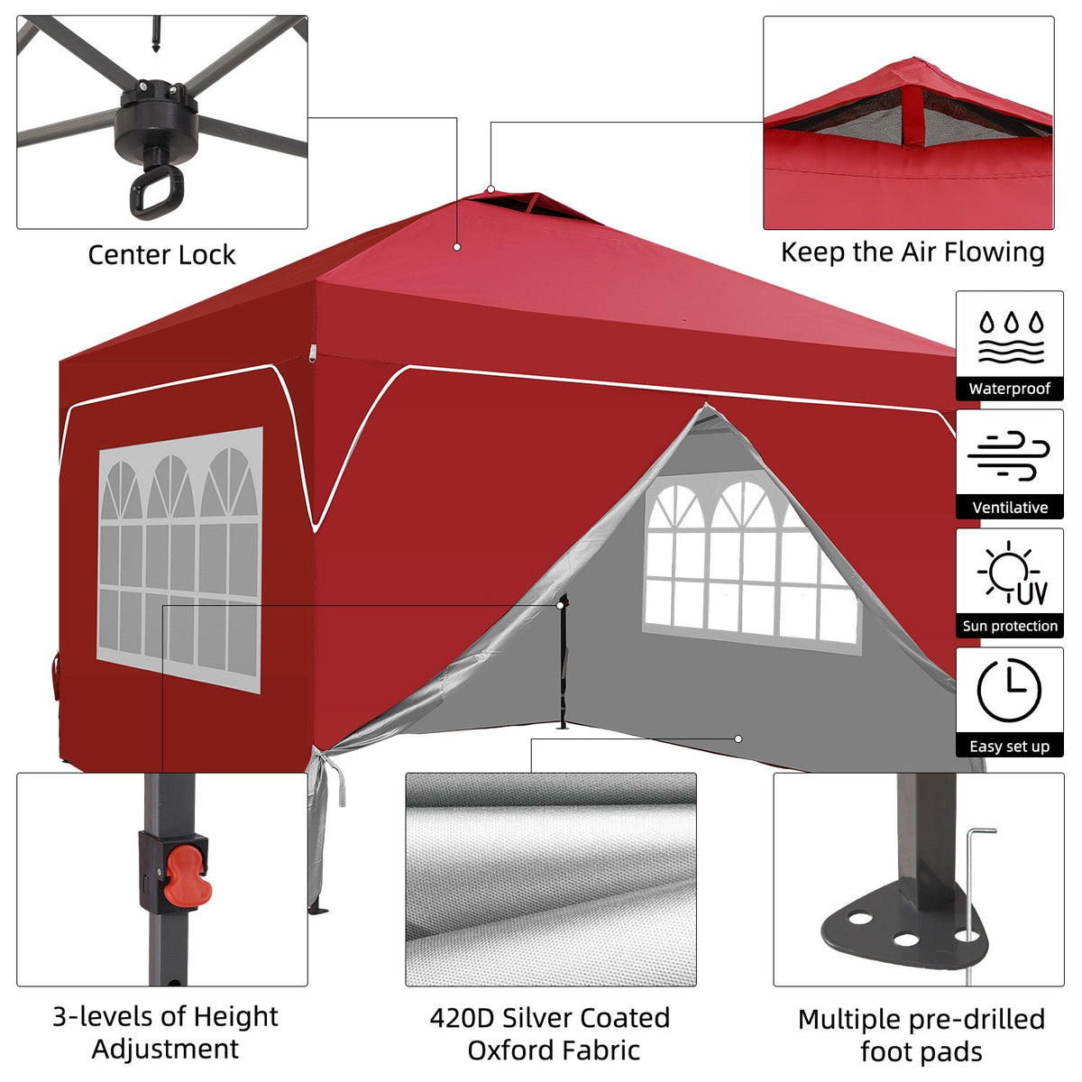 Ainfox 12ftx12ft Pop Up Canopy Tent with 4 Sidewalls One Push Tent Canopy with Wheeled Carry Bag, 8 Stakes and 4 Ropes – Consulate X, view 19 of 20