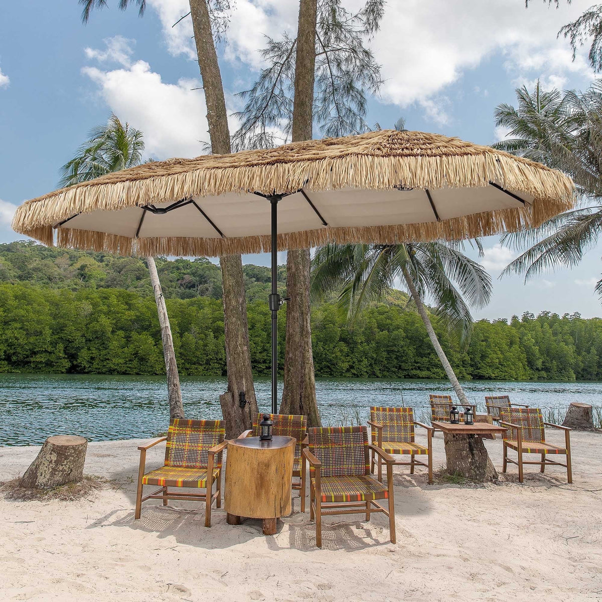Ainfox 13ft Large Thatched Tiki Patio Umbrella, Outdoor Heavy-Duty Double-Sided Rectangle Market Umbrella for Garden, Deck, Backyard, Pool, Beach – Consulate X, view 1 of 10