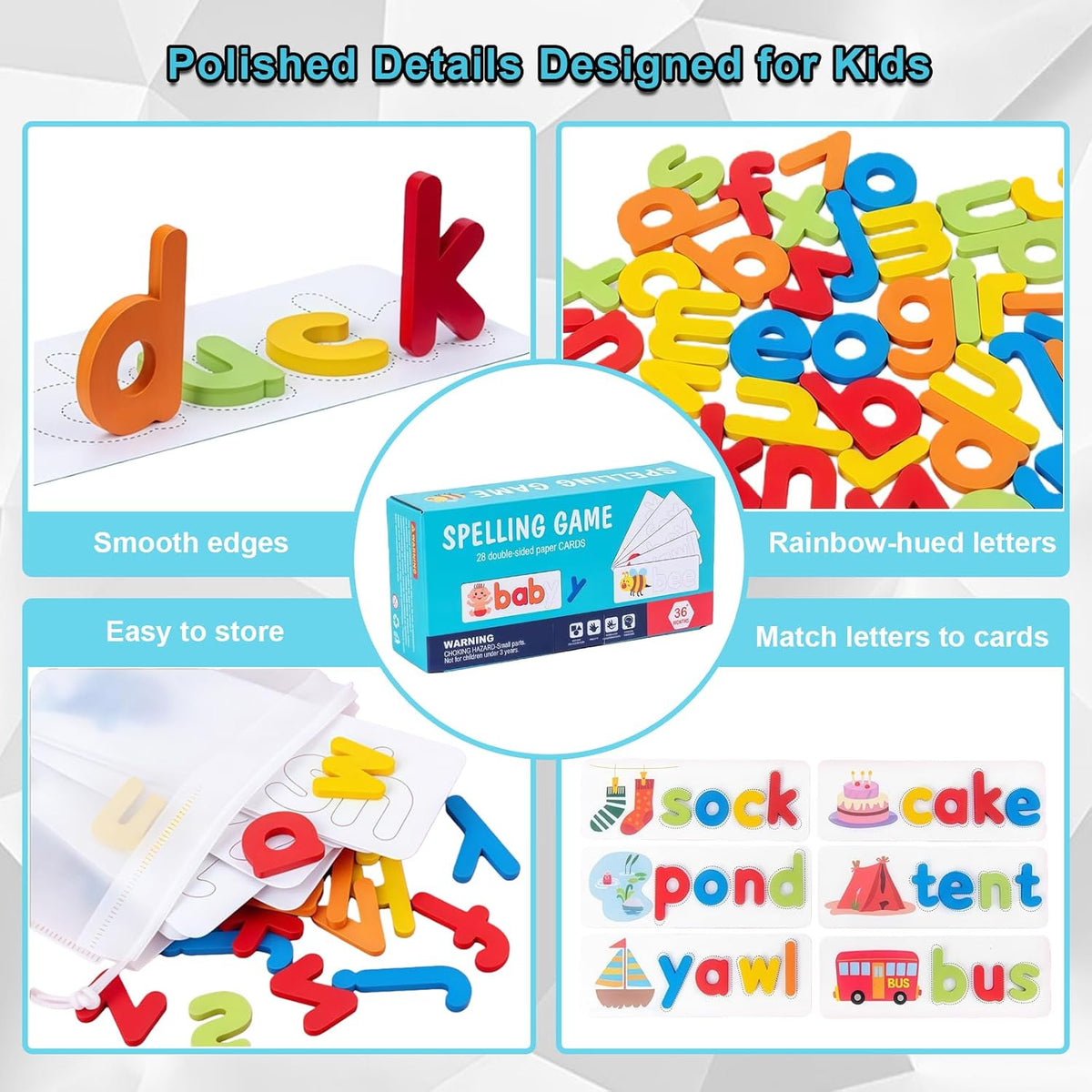 Little Spellers ABC Word Builder Wooden Letter Matching Game with 52 Wooden Letters 56 Word Cards for Kids Ages 3 to 6 – Consulate X, view 3 of 8
