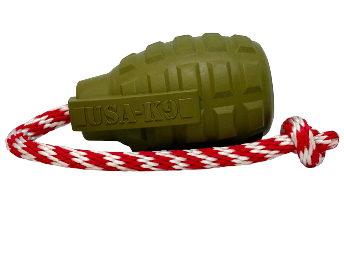 USA-K9 Grenade Shaped Rubber Dog Toy - Chew, Treat Dispenser & Tug Toy | USA - Army Green – Consulate X, view 2 of 7
