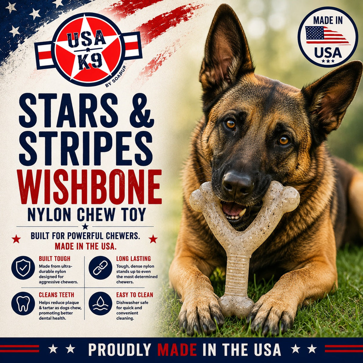 USA-K9 Stars and Stripes Wishbone Nylon Dog Chew Toy for Aggressive Chewers | USA Made – Consulate X, view 3 of 6