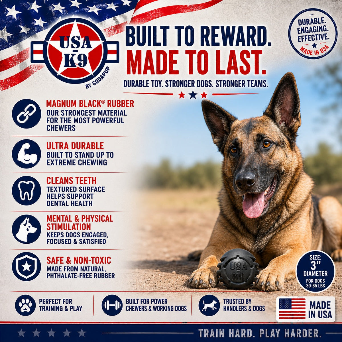 USA-K9 Stars and Stripes Rubber Dog Toy | K9 Handler Reward Toy | Black | USA Made – Consulate X, view 2 of 8