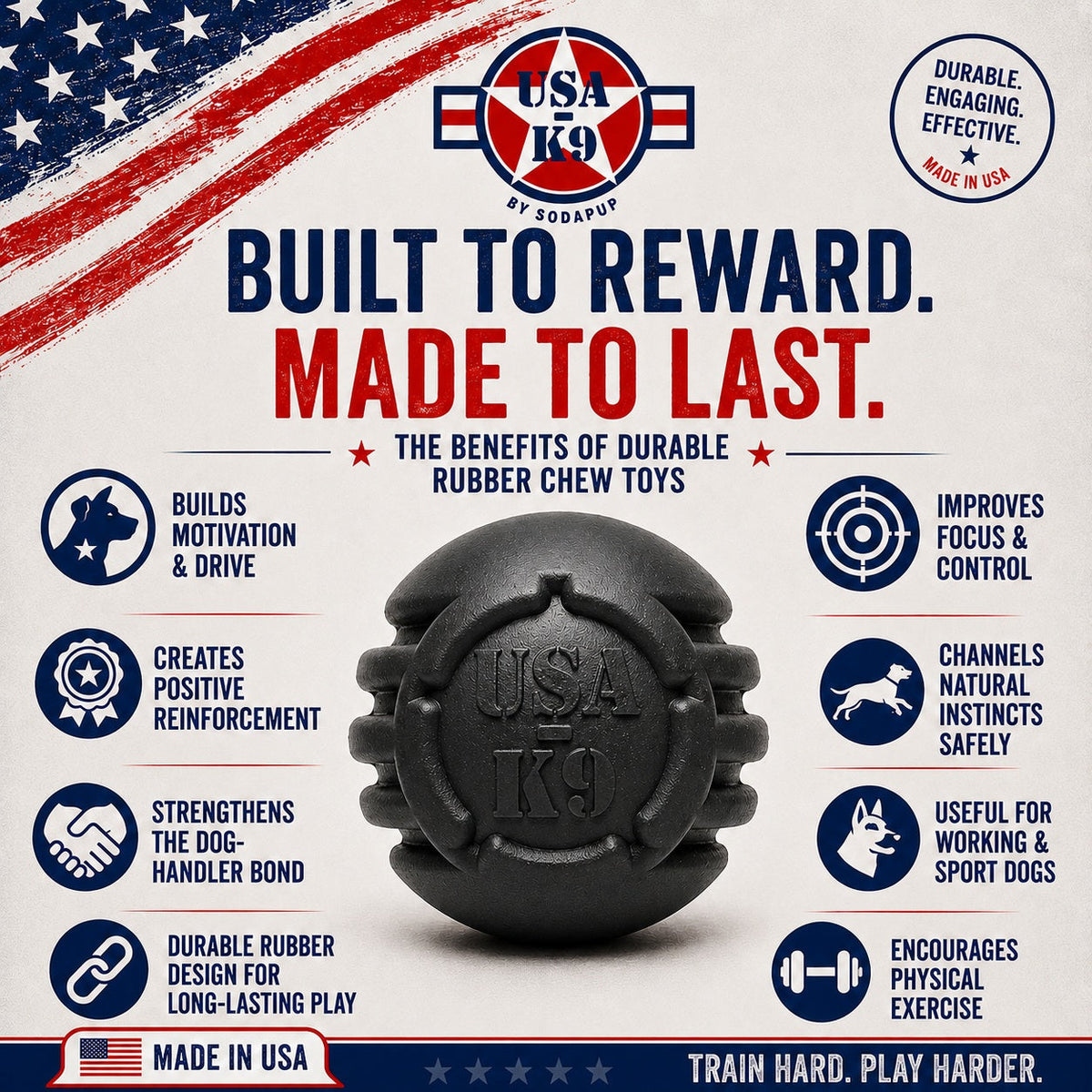 USA-K9 Stars and Stripes Rubber Dog Toy | K9 Handler Reward Toy | Black | USA Made – Consulate X, view 3 of 8