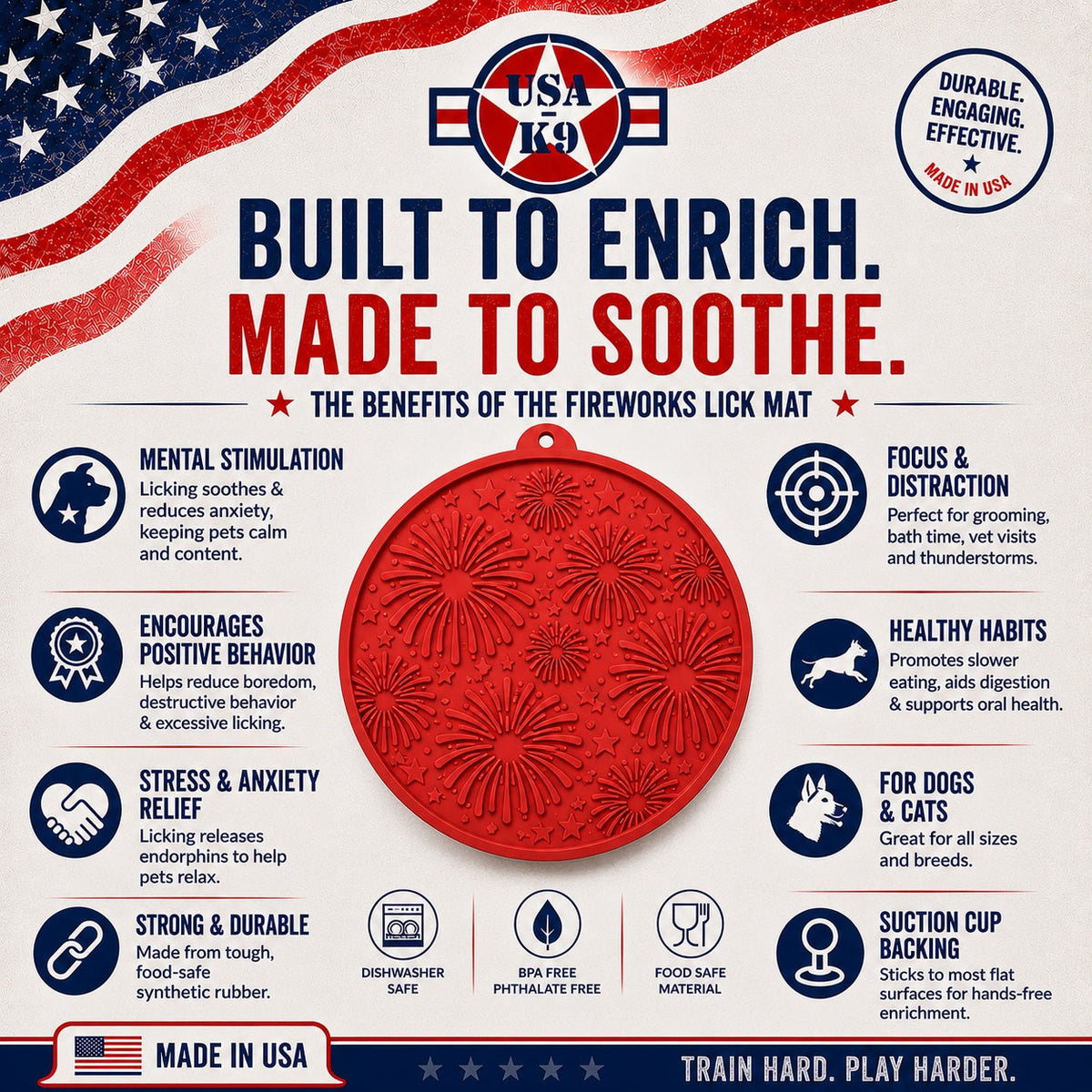 USA-K9 Fireworks Design eMat - Enrichment Lick Mat For Dogs and Cats - with Suction Cups | USA Made – Consulate X, view 4 of 7